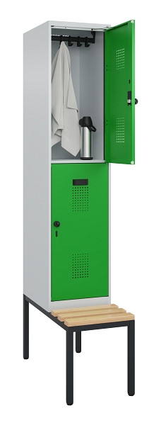 C+P Doppelstock-Spind Evolo PLUS, Bank, 2 Fächer, 2120x400x815mm, 7035/6037, Drehriegel, Sitzfläche Buche-Hartholz, Sitzbank, 0493507-12 S10011