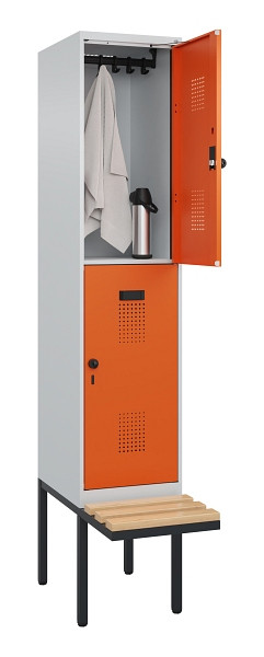 C+P Doppelstock-Spind Evolo PLUS, Bank, 2 Fächer, 2120x400x815mm, 7035/2004, Drehriegel, Sitzfläche Buche-Hartholz, 0493407-12 S10002