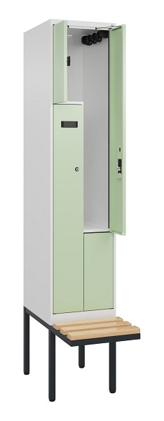 C+P Z-Spind Evolo PLUS, Bank, 2 Fächer, 2120x400x815mm, 9016/6019, Zylinderschloss, Sitzfläche Holz, 0490437-122 S10046