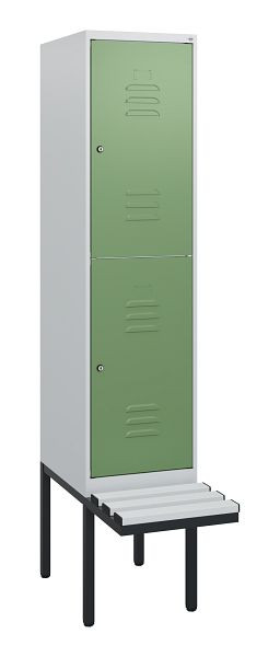 C+P Doppelstöckiger Spind Classic PLUS, 1950x400x815mm, 7035/6011, Zylinderschlösser, mit Untergestell und schwebender Sitzfläche, 0803405-12 S10081