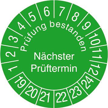 SafetyMarking Prüfplakette, Prüfung bestanden, Nächster Prüftermin, Prüfzeitraum: 19-24, Ø 3 cm, Folie, selbstklebend, VE: 15 Stück/Bogen, 30.3729-19-24
