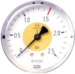 ELMAG Arbeitsdruckmanometer (Azetylen), Ø 63mm, 0-2, 5 bar, AG 1/4' unten für Druckregler zu Stahlflasche, 54133