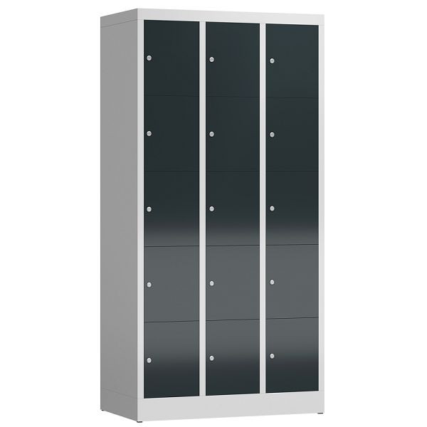 Lüllmann ClassiX Schließfachschrank, 3 Abteile à 5 Fächer, 1800 x 870 x 500 mm, lichtgrau/anthrazitgrau, X-520538