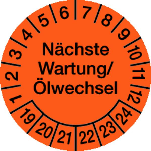 Schilder Klar Prüfplakette Nächste Wartung/Ölwechsel ab 23, orange/schwarz, 30 mm Folie selbstklebend, VE: 40 Stück, 45/69.23
