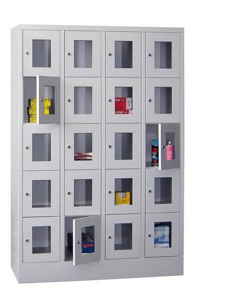 Pavoy Schließfachschrank mit Sockel 1850/500/1200, 4b x 5h, Zylinderschloss, Abteilbreite 300, Sichtfenster, 61213-453-091-905716