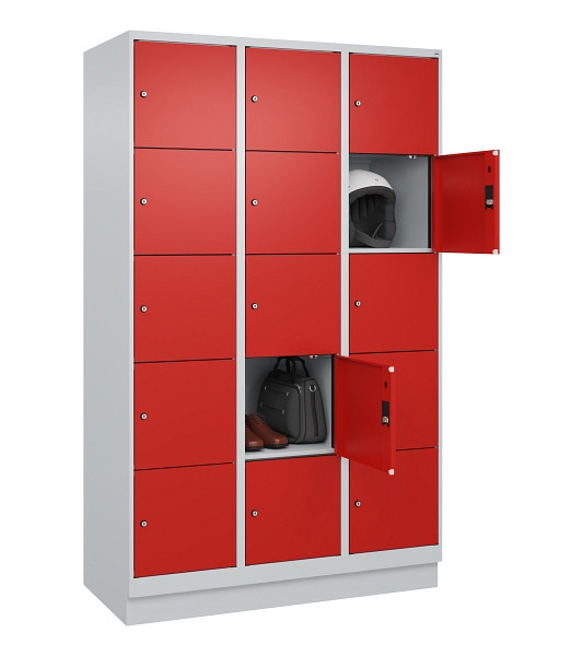 C+P Schließfachschrank Evolo PLUS, mit Sockel, 15 Fächer, 1950x1200x500mm, 7035/3020 Verkehrsrot, 049020-325 S10005