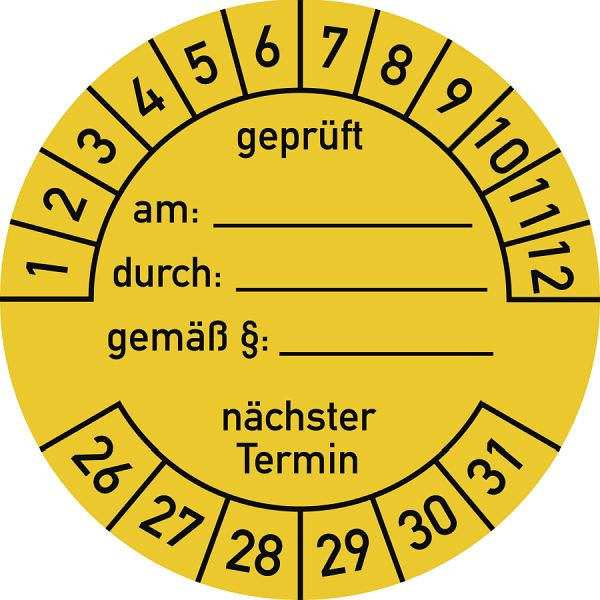 Moedel Prüfplakette geprüft am: durch:...2026 - 2031, Folie, Ø 40 mm, VE: 10 Stück/Bogen, 107082