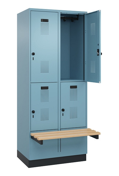 C+P Doppelstock-Spind Evolo PLUS, Bank, 4 Fächer, 1950x800x815mm, 0010/0010, Drehriegel, Sitzfläche Buche-Hartholz, mit Sockel, 049340-22 S10021