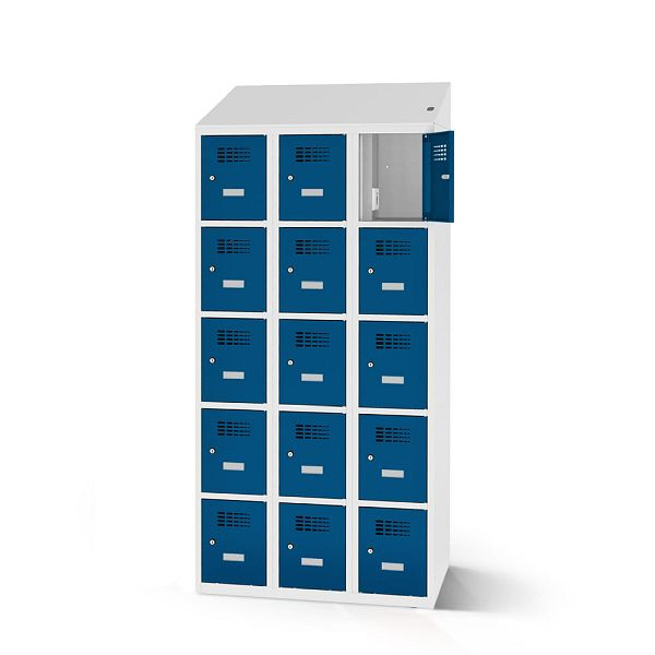 Rotstahl Fächerschrank, 15 Fächer, Stollenfüße, mit Ladefunktion, Schrägdach, Korpus: lichtgrau, Türen: enzianblau, 2180-030500-0902112-7035-5010