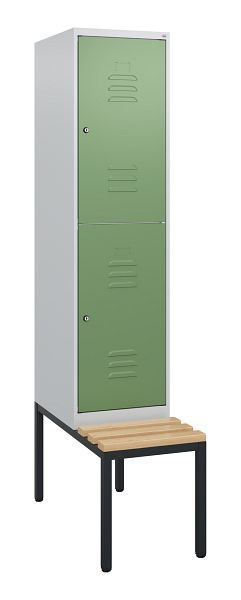 C+P Doppelstöckiger Spind Classic PLUS, 1950x400x815mm, 7035/6011, Zylinderschlösser, Sitzleisten aus Buche, mit untergebauter Sitzbank, 0803505-12 S10036