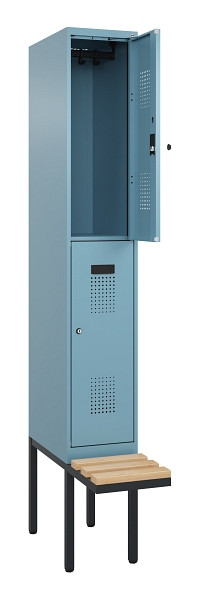 C+P Doppelstock-Spind Evolo PLUS, Bank, 2 Fächer, 2120x300x815mm, 0010/0010, Zylinderschloss, Sitzfläche Buche-Hartholz, 0493407-10 S10048