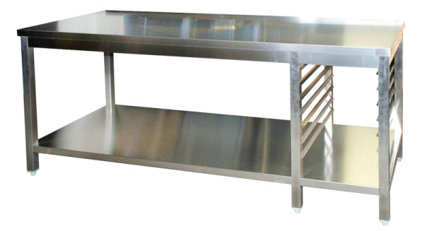 A&S Gastro Edelstahl Arbeitstisch mit GN-Winkel rechts GN1/1 verschweißt, Tiefe 800mm, mit Grundboden, AISI 304, 1200 x 800 x 850 mm, ARTGGNR128