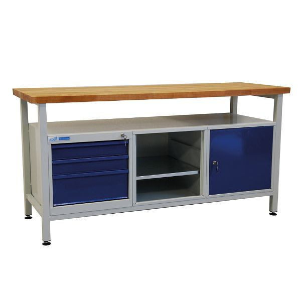 ADB Werkbank 3 Schubladen + 1 Regalteil + 1 Tür, Ablage, 1700x600x840 mm, Werktisch: lichtgrau, RAL 7035, Farbe Tür/Schubladen: Lichtblau (RAL 5012), 42752