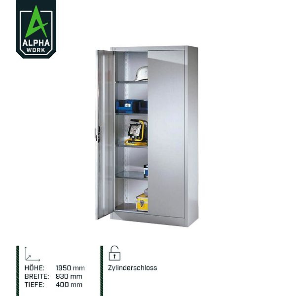 Alpha Work Werkzeugschrank mit Drehtüren, 930 x 1950 x 400 mm, innen 4 Böden, Lichtgrau, 00112