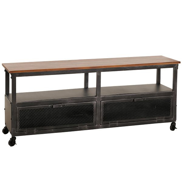 Mendler Lowboard HWC-N28, TV-Rack, Rollen 2 Fächer, 3D-Struktur Industrial Retro Metall Holz 55x130x36cm, schwarz, braun, 106079
