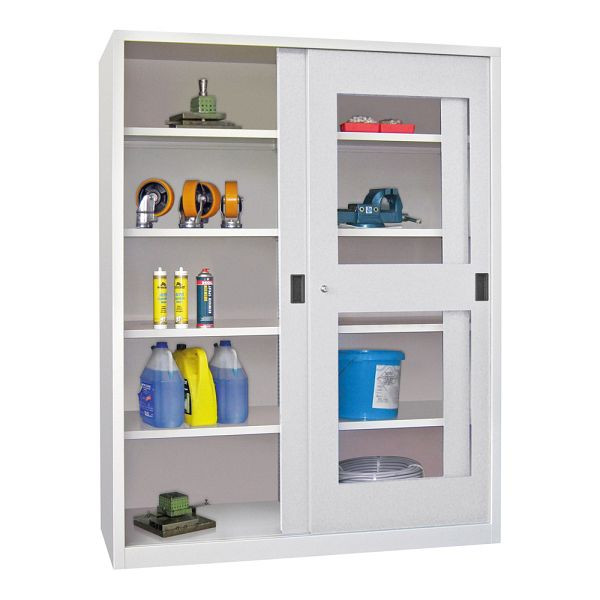Pavoy Schwerlastschiebetürschrank 1950/1500/600, Mitteltrennwand, 8 verzinkte Fachböden; Sichtfenstertüren; Drehdruckzylinderschloss, 30332-150-690-910