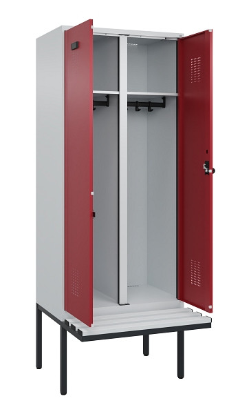 C+P Schwarz-Weiß-Spind Evolo PLUS, Bank, 2 Abteile, 2120x800x815mm, 7035/3003, Drehriegel, Material Sitzfläche Kunststoff, 0490427-22 S10058