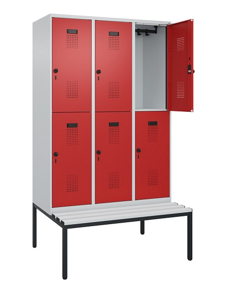 C+P Doppelstock-Spind Evolo PLUS, Bank, 6 Fächer, 2120x1200x815mm, 7035/3000, Drehriegel, Sitzfläche Kunststoff, Sitzbank, 0493507-32 S10084