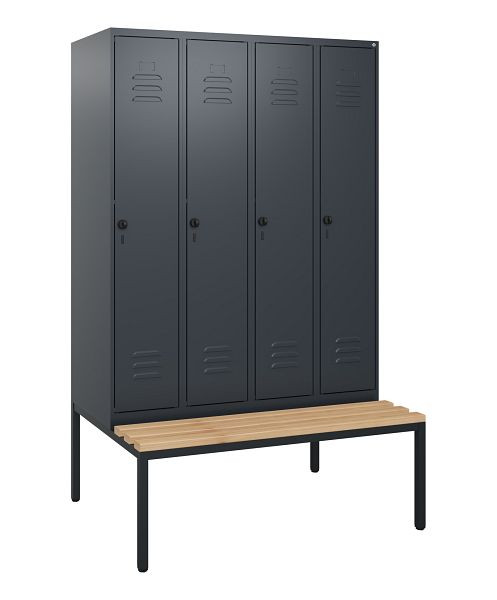 C+P Umkleidespind Classic PLUS, mit untergebauter Sitzbank, 4 Abteile, 1950x1200x815mm, 7016/7016, Drehriegel, Buche-Sitzleisten, 0800505-40 S10012