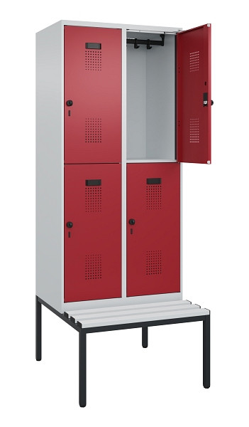 C+P Doppelstock-Spind Evolo PLUS, Bank, 4 Fächer, 2120x800x815mm, 7035/3003, Drehriegel, Sitzfläche Kunststoff, Sitzbank, 0493507-22 S10085