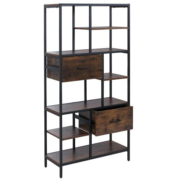 Mendler Regal HWC-P11, Regalschrank Bücherregal Standregal, Schubladen Industrial MDF Metall Melamin 150x81x33cm, dunkelbraun, 139623