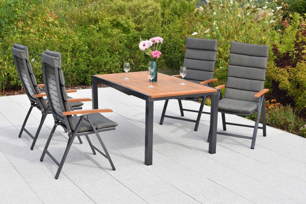 Merxx Tinos Set 9-teilig, 4 Tinos Klappsessel, Holzoptik, 4 Auflagekissen, 1 Tisch 150 (200) x 90 cm, Tischplatte Akazienholz, 50394-800