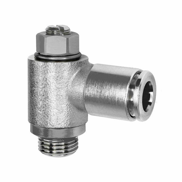 Riegler Drosselrückschlagventil, Zuluft (V), Schlitzschraube, G 3/8, Steckverbindung 10, drehbar, 0 - 10 bar, -20 °C bis 80 °C, Messing vernickelt, 113726
