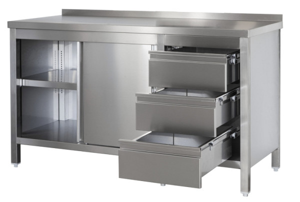 A&S Gastro Edelstahl Arbeitsschrank mit Aufkantung, Schubladenblock rechts, Türen, Zwischenboden, Tiefe 600mm, AISI 304, 2900 x 600 x 850 mm, ARSASBR296