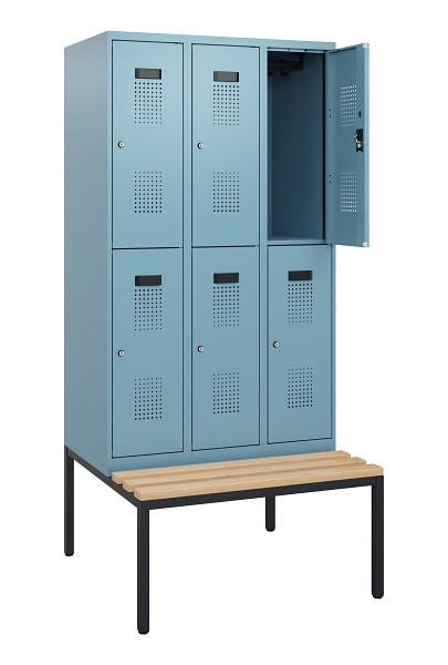 C+P Doppelstöckiger Spind Evolo PLUS, Bank, 6 Fächer, 1950x900x815mm, 0010/0010, Zylinderschloss, Sitzfläche Buche-Hartholz, Sitzbank, 0493505-30 S10057