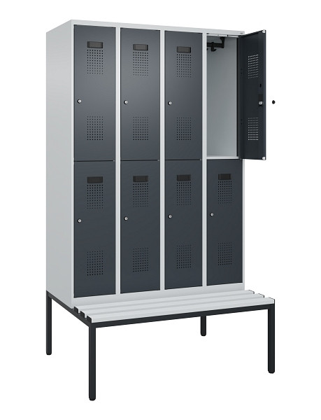 C+P Doppelstock-Spind Evolo PLUS, Bank, 8 Fächer, 2120x1200x815mm, 7035/7016, Zylinderschloss, Sitzfläche Kunststoff, Sitzbank, 0493507-40 S10120