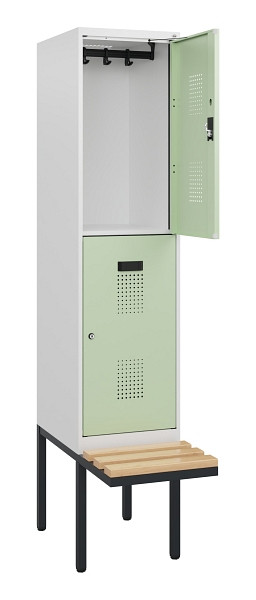 C+P Doppelstock-Spind Evolo PLUS, Bank, 2 Fächer, 1950x400x815mm, 9016/6019, Zylinderschloss, Sitzfläche Buche-Hartholz, 0493405-12 S10049