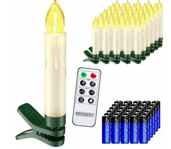 monzana LED Weihnachtsbaumkerzen im 30er-Set, Warmweiß, mit Fernbedienung und Batterien, Maße 1,5 x 10,5 cm, 105266