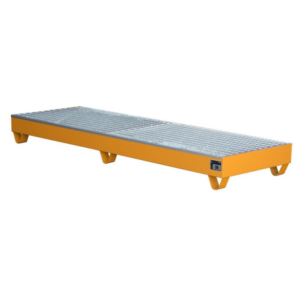 STEIN HGS Auffangwanne Serie 2000, 222 Liter, RAL 2000 gelborange, Gesamthöhe 250 mm, lackiert, 4 x 200 Liter Fass, Gitterrost, 79194.0067