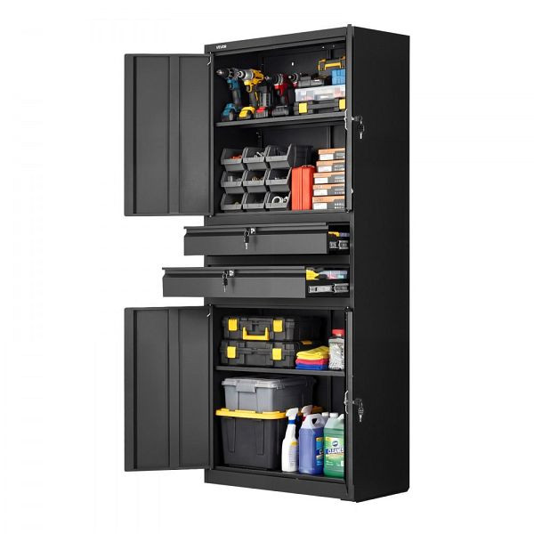 VEVOR Metall Aufbewahrungsschrank, 4 Türen, 2 Schubladen, 2 verstellbare Regale, 1,8m hoch, 81,5kg belastbar, Schwarz, CKCWJGJDCTYB9AK4X001V0