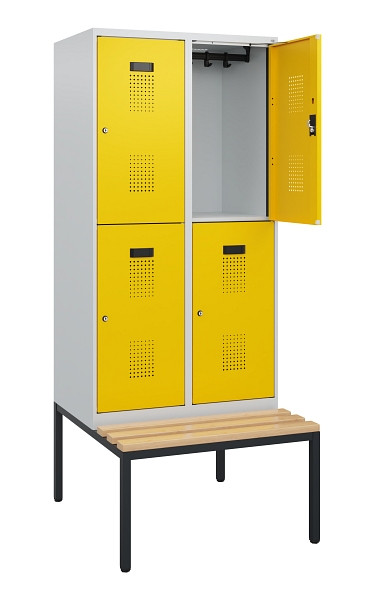 C+P Doppelstöckiger Spind Evolo PLUS, Bank, 4 Fächer, 1950x800x815mm, 7035/1023, Zylinderschloss, Sitzfläche Buche-Hartholz, Sitzbank, 0493505-22 S10020