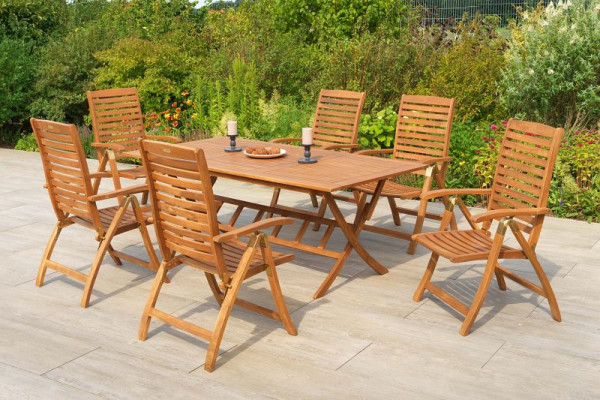 Merxx Paraiba Set 7-teilig, 6 Paraiba Klappsessel, Rückenlehne 5-fach verstellbar, 1 Klapptisch 200 x 100 cm, FSC Akazienholz, 50943-011