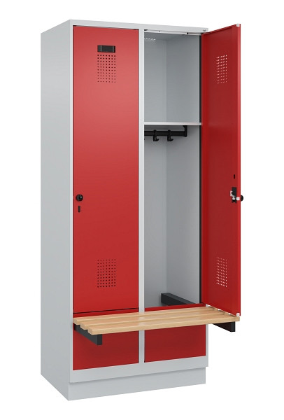 C+P Spind Evolo PLUS, 2 Abteile, 1950x800x815mm, 7035/3000, Drehriegel, Sitzfläche Holz, Sitzbank auskragend Sockel, 049040-22 S10003