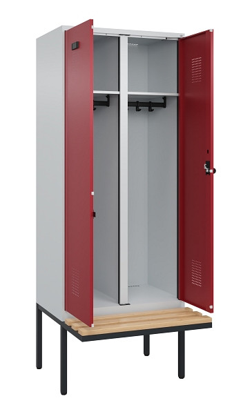 C+P Schwarz-Weiß-Spind Evolo PLUS, Bank, 2 Abteile, 2120x800x815mm, 7035/3003, Drehriegel, Sitzfläche Holz, 0490427-22 S10004