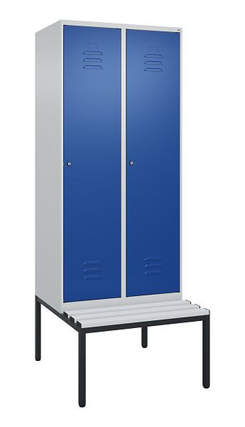 C+P Umkleidespind Classic PLUS, mit untergebauter Sitzbank, 2 Abteile, 2120x800x815mm, 7035/5010, Zylinderschlösser, 0800507-22 S10018