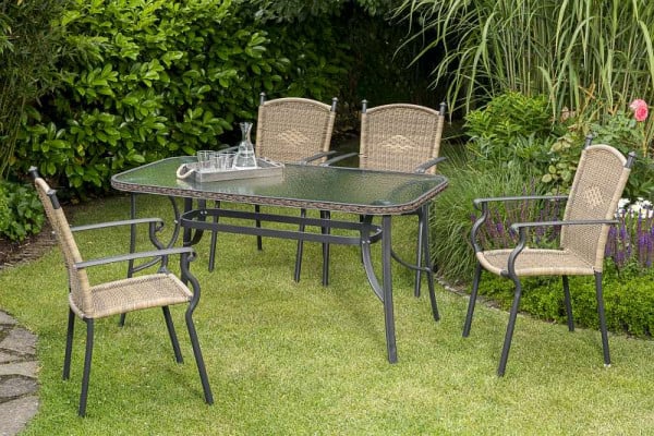 Merxx Roma Set 5-teilig, 4 Stapelsessel, 1 Tisch 150 x 80 cm, Glasplatte mit Geflechtrand, graphit/natur, 50392-211