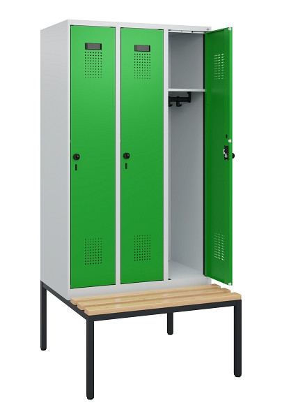 C+P Spind Evolo PLUS, 3 Abteile, 1950x900x815mm, 7035/6037, Drehriegel, Sitzfläche Buche-Hartholz, Sitzbank, 0490505-30 S10011