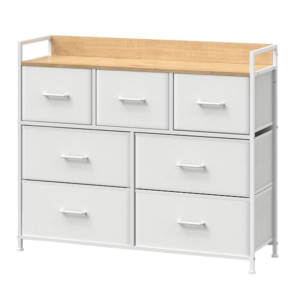 SONGMICS Kommode, Schrank, Aufbewahrungsraum, 7 Schubladen aus Stoff mit Griffen, Metallrahmen, moderner Stil, Weiß und Holzfarbe, LTS523W57
