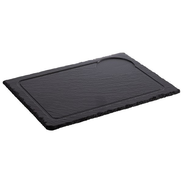APS Naturschieferplatte, 33 x 24 cm, Materialstärke 6-9 mm, gebrochene Kanten, glänzende, versiegelte Oberfläche, Saftrinne, Ø 9,5 cm Aussparung, 00947