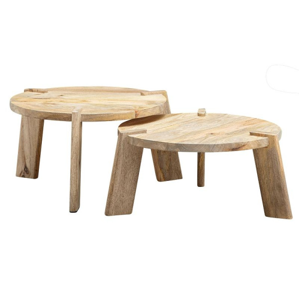 Wohnling Design Couchtisch 2er Set Mango Massivholz Wohnzimmertisch Hell, Satztisch Holztisch Rund Beistelltisch, WL6.344
