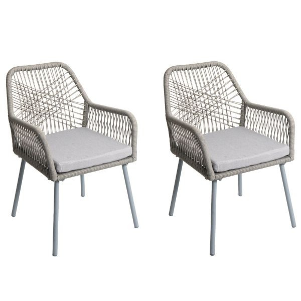 Mendler 2er-Set Gartenstuhl HWC-O12, Outdoor Sitzpolster Aluminium Seilgeflecht Rope, grau, Bezug grau, 110473