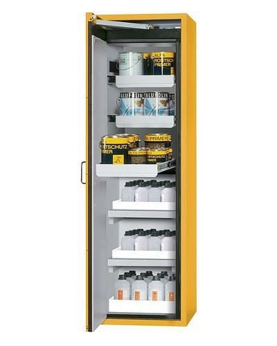 asecos Feuerbeständiger Gefahrstoffschrank Edition mit Auszügen und Wannenböden, gelb, B 596 mm, 224702