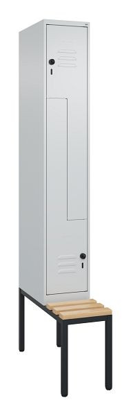 C+P Z-Spind Classic PLUS, mit untergebauter Sitzbank, 2 Abteile, 2120x300x815mm, 7035/7035, Drehriegel, Buche-Sitzleisten, 0800537-102 S10009