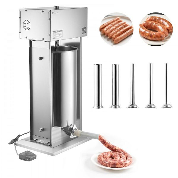 VEVOR 25L Elektrische Wurstfüllmaschine, Edelstahl, vertikal, mit Fußpedal & 5 Füllrohren, für Gewerbe & Haushalt, DDLSBXGGCJ250CTHB001V2