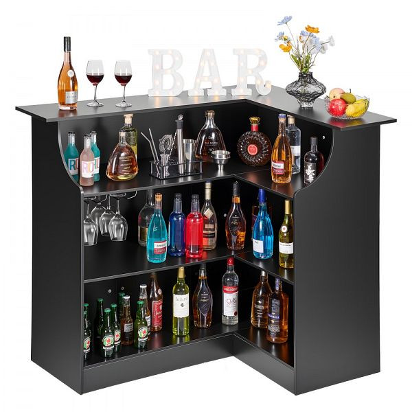 VEVOR L-Form Hausbar mit Stauraum, 4 Ebenen & Weinglashalter, 136 kg Belastbar, 130 x 100 x 112 cm, Schwarz, JTJBLX563954Z20U9001V0