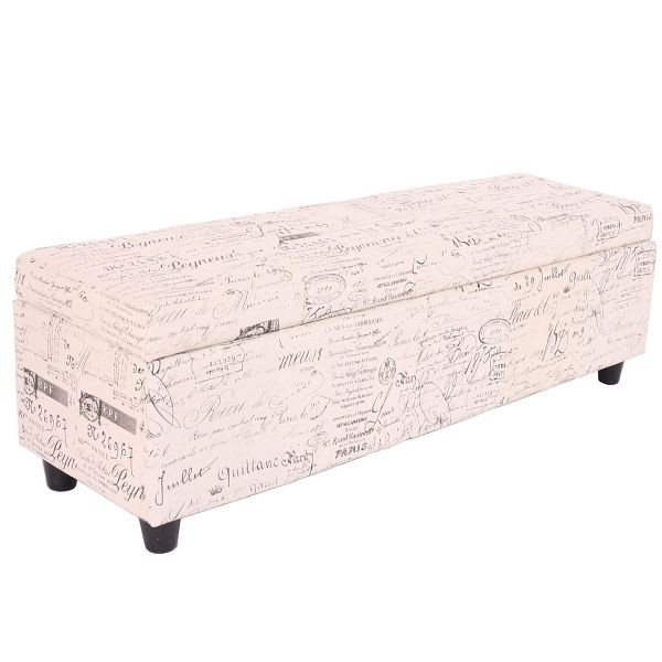 Mendler Aufbewahrungs-Truhe Kriens, Sitzbank Bank, Stoff/Textil, 45x114x45cm, Schriftzug, creme, 21447